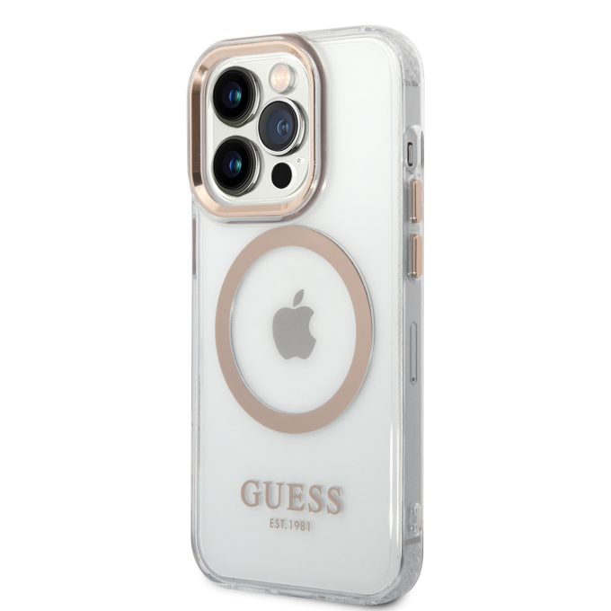 iPhone 14 PRO MAX skaidri + aukso spalvos Magsafe GUESS nugarėlė GUHMP14XHTRMD
