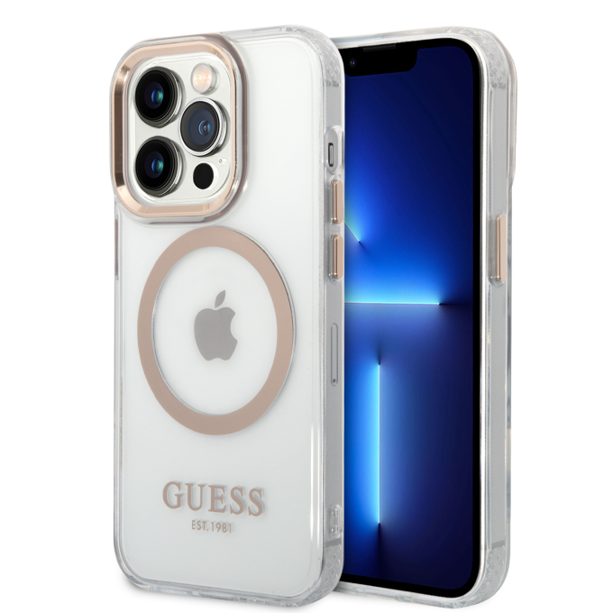 iPhone 14 PRO MAX skaidri + aukso spalvos Magsafe GUESS nugarėlė GUHMP14XHTRMD