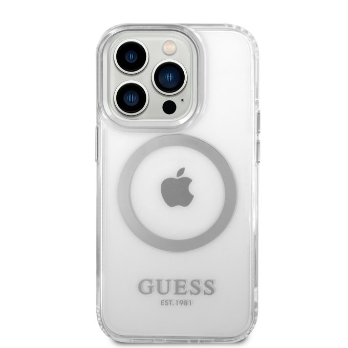 iPhone 14 PRO MAX skaidri + sidabro sp. Magsafe GUESS nugarėlė GUHMP14XHTRMS
