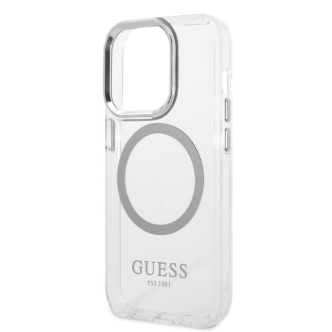 iPhone 14 PRO MAX skaidri + sidabro sp. Magsafe GUESS nugarėlė GUHMP14XHTRMS
