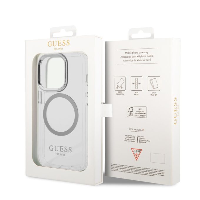 iPhone 14 PRO MAX skaidri + sidabro sp. Magsafe GUESS nugarėlė GUHMP14XHTRMS