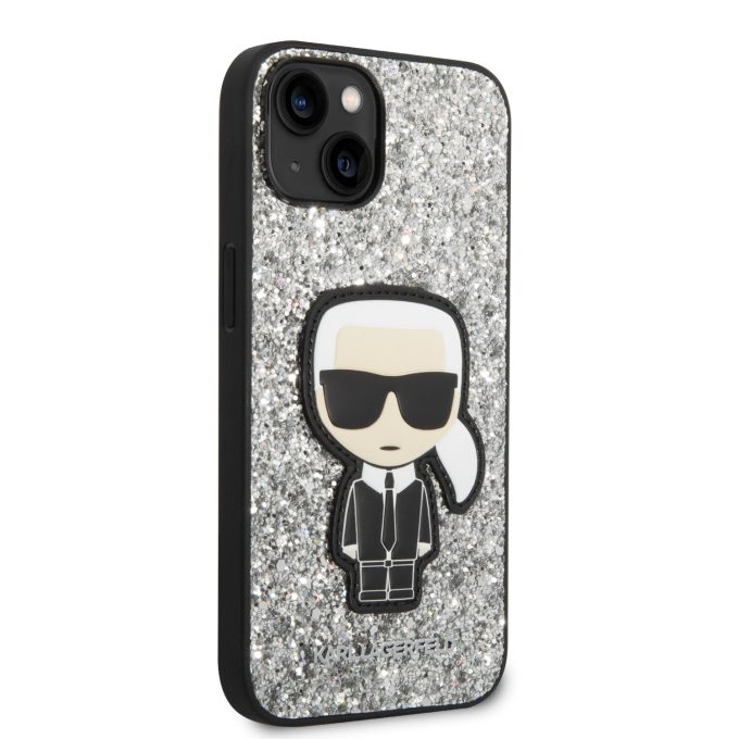 iPhone 14/13 sidabro spalvos glitter KARL LAGERFELD nugarėlė KLHCP14SGFKPG