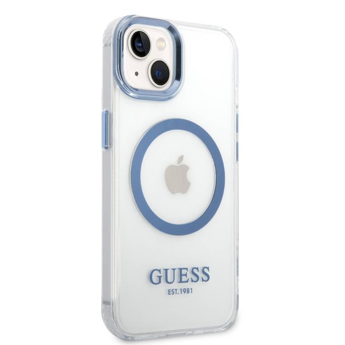 iPhone 14/13 skaidri + mėlyna Magsafe GUESS nugarėlė GUHMP14SHTRMB