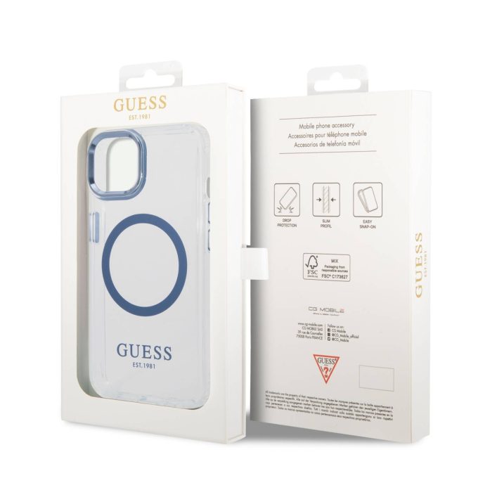 iPhone 14/13 skaidri + mėlyna Magsafe GUESS nugarėlė GUHMP14SHTRMB